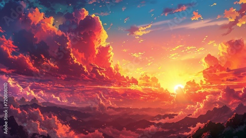 Sunset over a mountain range with warm colors filling the sky. Manga-style clouds generative ai