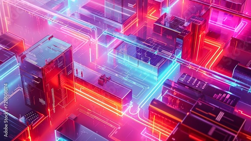 A futuristic metropolis glows with vibrant magenta, purple, and violet hues, pulsing with the electrifying energy of neon lasers and dazzling lights