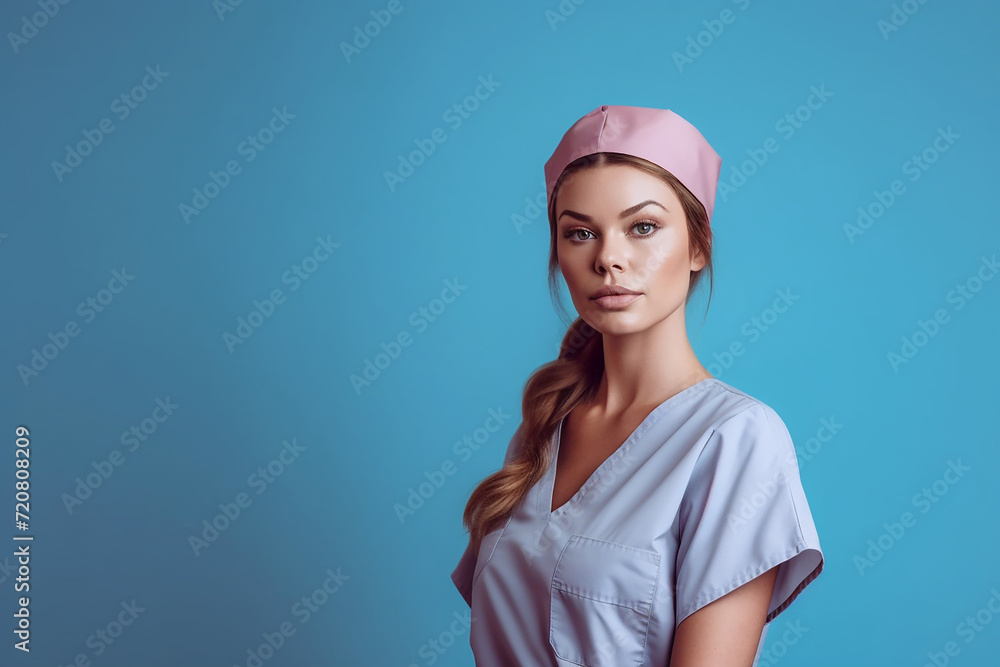 A woman in scrubs wearing a nurse's cap against a blue background. A woman in scrubs wearing a nurse's cap against a blue background.