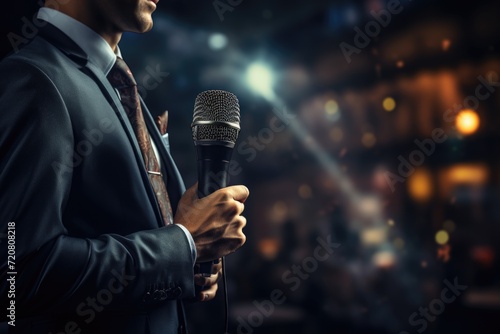 A journalist with a microphone, exploring stories, conducting interviews, and amplifying diverse perspectives through the power of audio storytelling in the dynamic world of media. photo