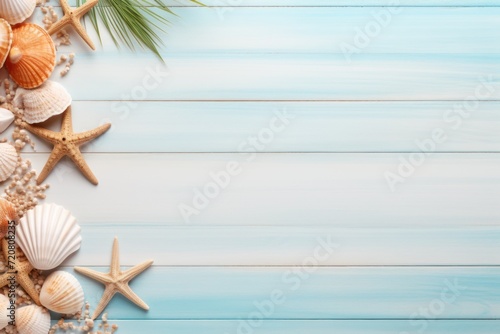 Summer Holiday Background with Beach Accessories on White Wood Table AI Generated