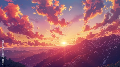 Sunset over a mountain range with warm colors filling the sky. Manga-style clouds generative ai