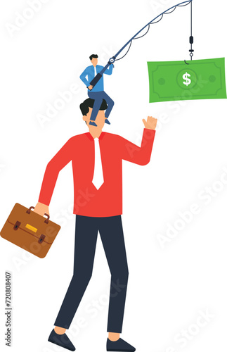 Financial fraud and illegal investment scam or ponzi scheme stealing money from greedy people, Businessman investor running to catch money US Dollar sign with phishing concept,
