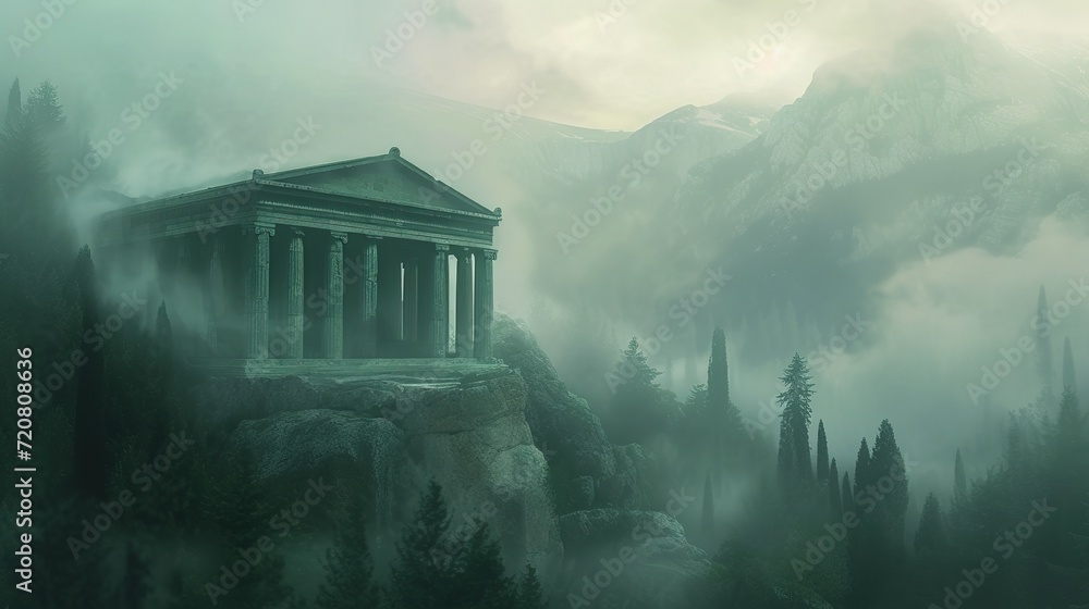 a digital painting of an ancient greek temple in a foggy, foggy, and foggy mountain landscape - obrazy, fototapety, plakaty 