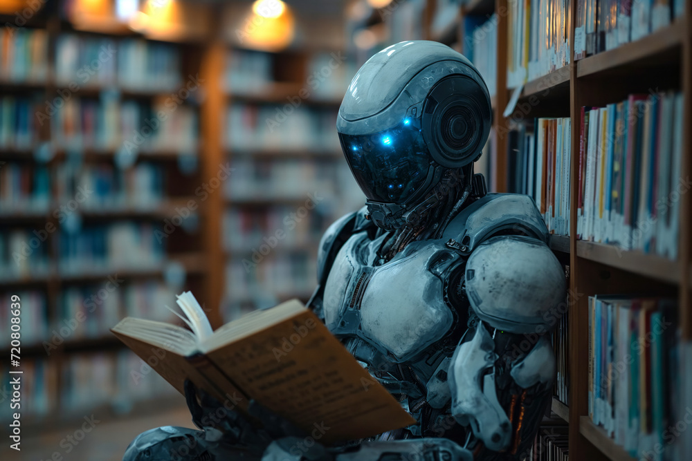 Robot Reading a Book in a Library. A robot sitting in a library, reading a book with focused attention. Robot Reading a Book in a Library. A robot sitting in a library, reading a book with focused attention.