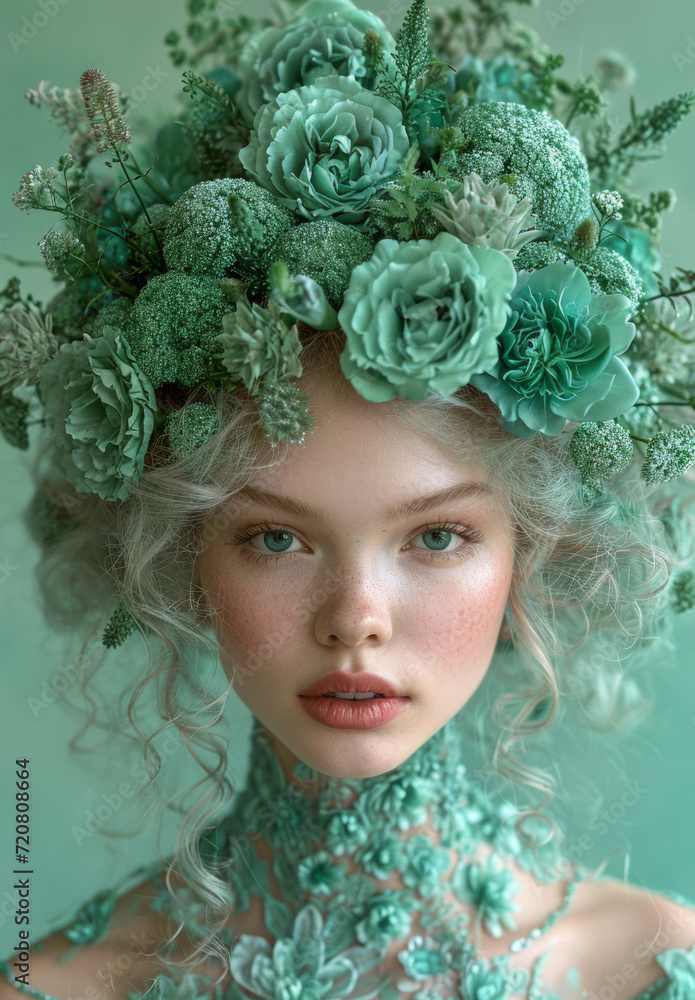 Fototapeta premium Woman With Floral Accessories in Her Hair. A young woman wearing flowers as hair accessories, posing for a photo.