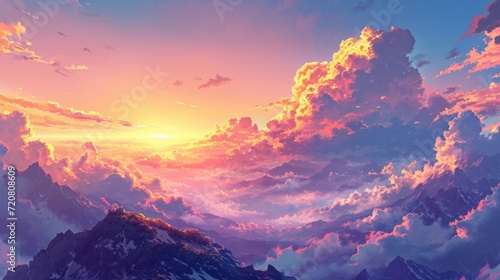 Sunset over a mountain range with warm colors filling the sky. Manga-style clouds generative ai