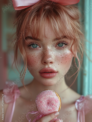 Girl With Freckles and Pink Bow Holds a Donut. A girl with freckles wearing a pink bow in her hair holds a colorful donut in her hands.