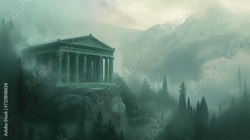 a digital painting of an ancient greek temple in a foggy, foggy, and foggy mountain landscape photo