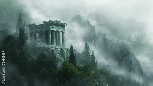 a digital painting of an ancient greek temple in a foggy, foggy, and foggy mountain landscape