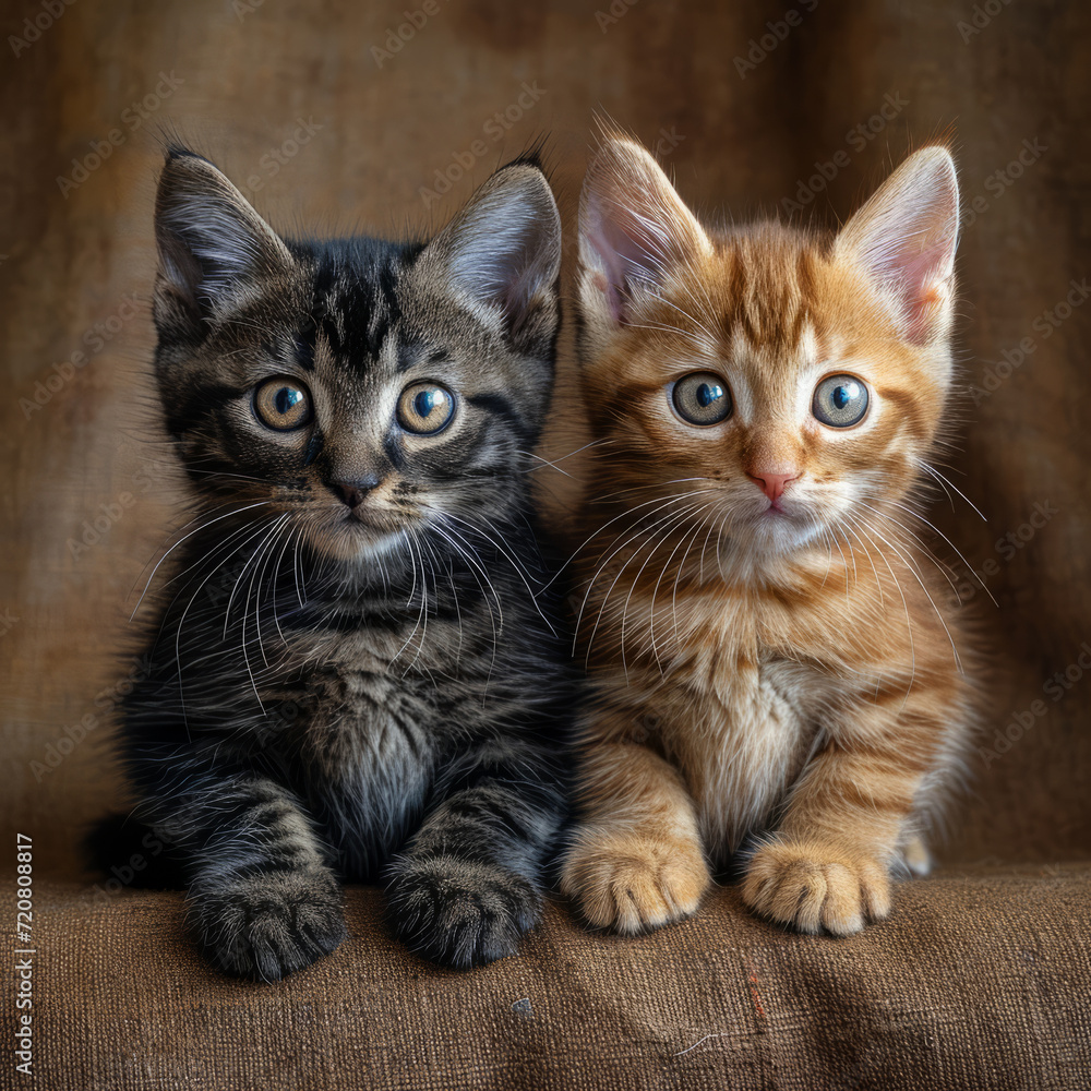 Two Kittens Sitting Next to Each Other on a Couch. Two cute kittens are calmly seated side by side on a couch, showcasing their adorable presence.