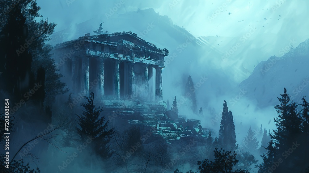 a digital painting of an ancient greek temple in a foggy, foggy, and foggy mountain landscape - obrazy, fototapety, plakaty 