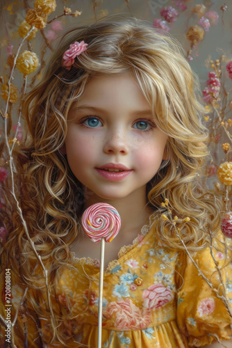 Painting of a Little Girl Holding a Lollipop. A realistic painting depicting a young female child clutching a lollipop in her hand.