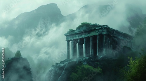 a digital painting of an ancient greek temple in a foggy, foggy, and foggy mountain landscape photo