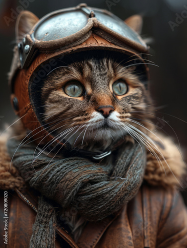 Cat Wearing Leather Helmet and Scarf. A domestic cat is captured wearing a leather helmet and scarf, showcasing an amusing and unexpected fashion statement.