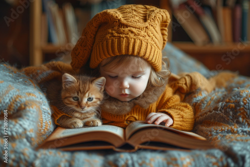 Little Girl Reading Book With Cat on Her Lap. A little girl sits peacefully, engrossed in a book while her cat rests comfortably on her lap.