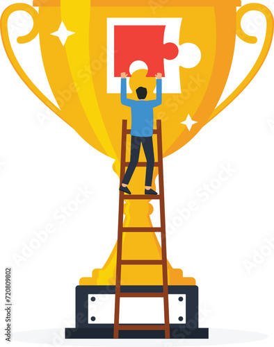 Success solution and agreement or solution, solution for best result, Help success and achieve goal together, Businessman connect trophy jigsaw piece to win concept,
