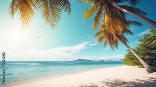 Tropical beach with coconut palm trees. Seascape background Generative AI