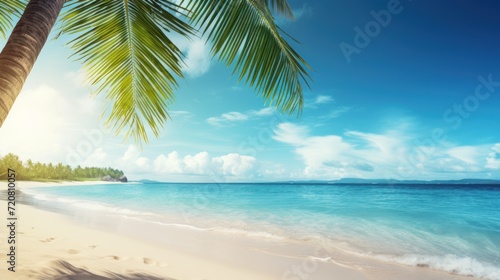 Sunny Tropical Beach with Palm Leaves and Paradise Island AI Generated © Alex