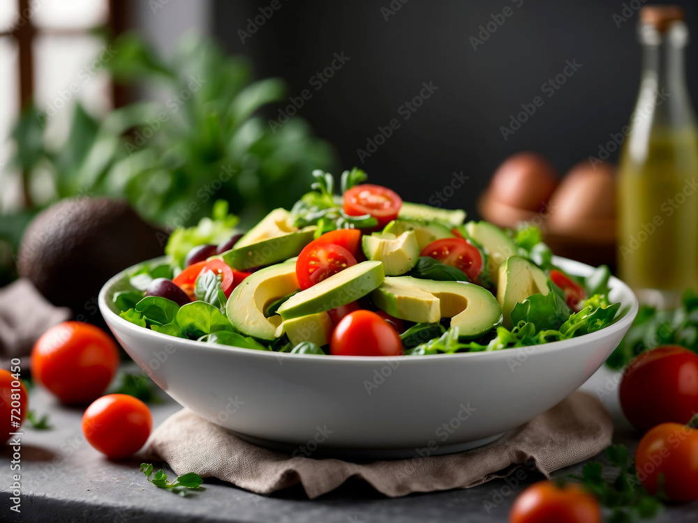 Fresh vegetarian salad with avocado, lettuce and tomatoes