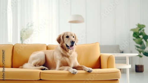 Golden retriever dog sitting on the sofa at living room, chill and relax