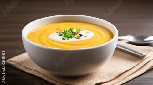 Pumpkin soup in a white bowl on a wooden table. Generative AI