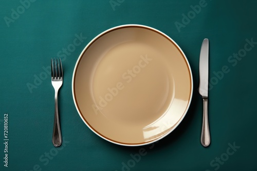 Empty Plate, Knife, Fork, and Napkin on Table Setting - Top View and Flat Lay with Copy Space AI Generated