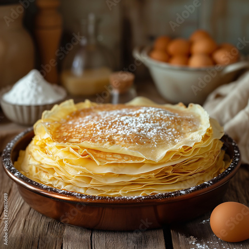 Pile de crêpes pour la Chandeleur dans un plat, avec du sucre glace dessus, et les ingrédients servant pour la recette autour sur la table de cuisine en bois : œufs, farine, sucre, lait, huile, sel photo