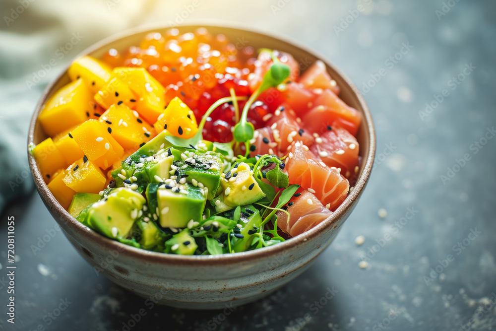 Salmon poke bowl with seaweed, avocado and cucumber. Generative AI Salmon poke bowl with seaweed, avocado and cucumber. Generative AI