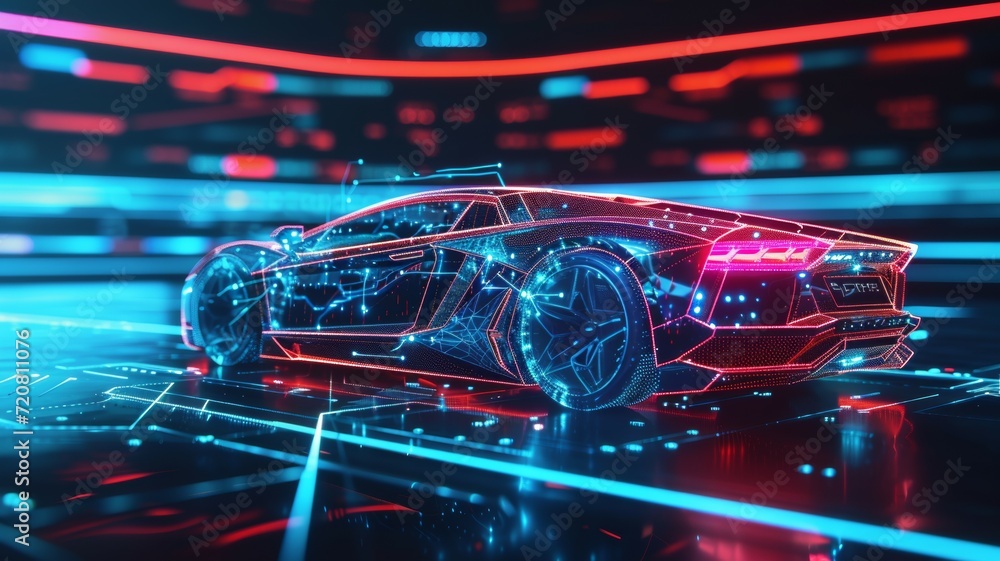 Automotive diagnostics in digital futuristic style. concept for auto future or the development of innovations and technologies in vehicles. illustration with light effect and neon Automotive diagnostics in digital futuristic style. concept for auto future or the development of innovations and technologies in vehicles. illustration with light effect and neon