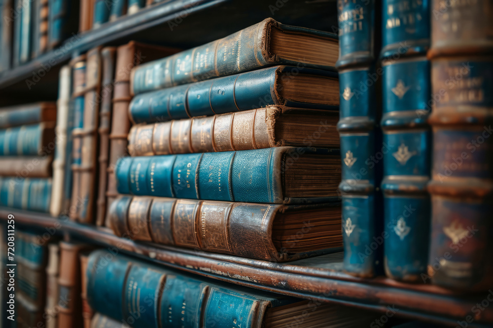 Stack of antique leather books in library. Pile of ancient books. Generative AI Stack of antique leather books in library. Pile of ancient books. Generative AI