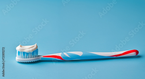 Brosse à dent avec du dentifrice sur les poils de la tête, sur fond bleu - hygiène dentaire et soin bucco dentaire se brosser les dents photo