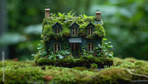 a green house is made from moss and green leaves on table, in the style of flat composition, wood © Serega
