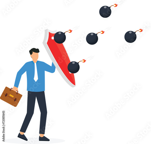 Businessman protecting himself from bomb attack and Threats protection from Safety measures concept,
