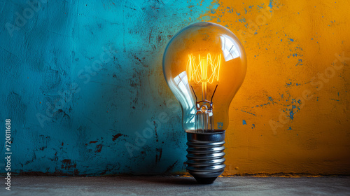 A simple light bulb with a colorful blue and yellow background. Abstract, innovation,solution,creativity concept. Room for text or copy space