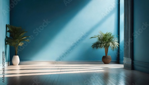 Universal minimalistic blue background for presentation. A light blue wall in the interior with beautiful built-in lighting and a smooth floor.