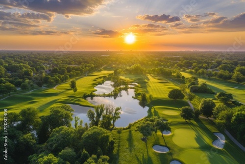 Aerial view of scenic golf course at sunrise photo
