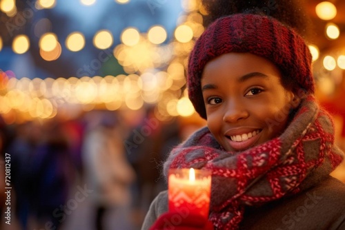 African american girl with candle at christmas market © Jelena