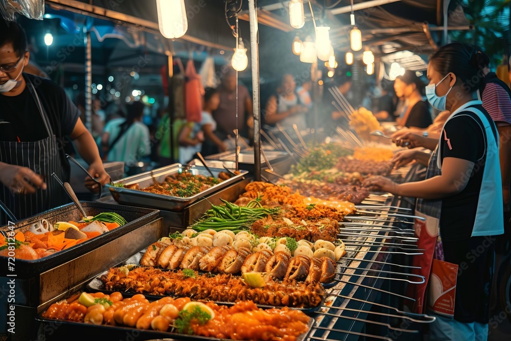 Bustling night market with exotic street food