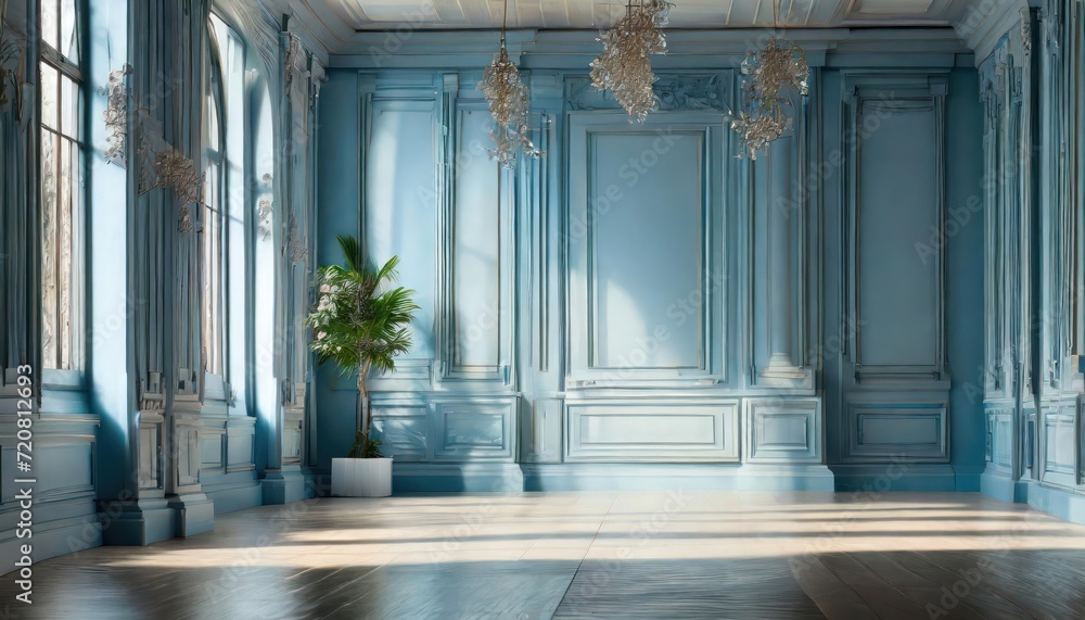 Fototapeta premium Universal minimalistic blue background for presentation. A light blue wall in the interior with beautiful built-in lighting and a smooth floor.