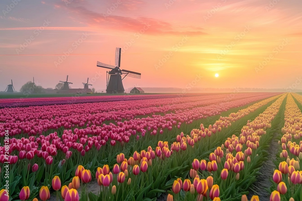 Colorful tulip fields at sunrise with majestic windmills