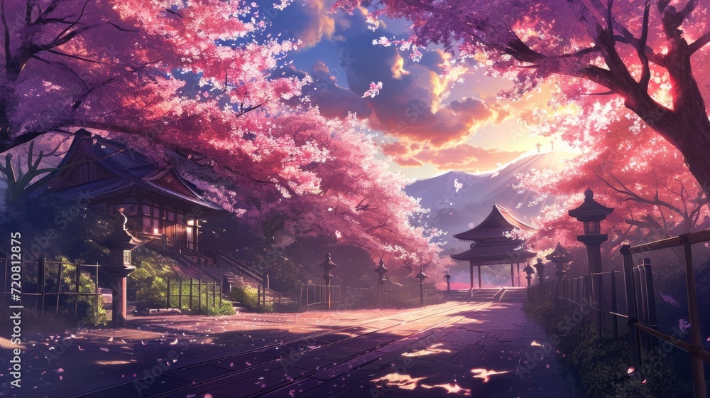 Twilight over a garden full of cherry blossoms, with manga-style clouds generative ai Twilight over a garden full of cherry blossoms, with manga-style clouds generative ai