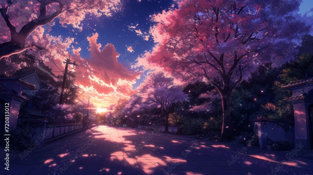 Fototapeta premium Twilight over a garden full of cherry blossoms, with manga-style clouds generative ai
