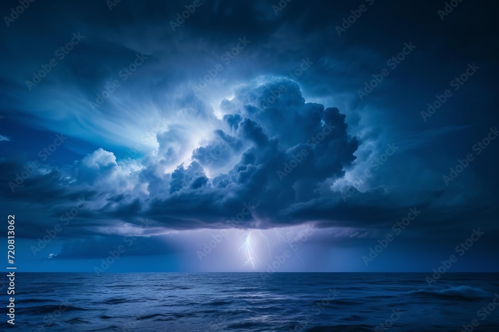 Dramatic thunderstorm over open ocean with lightning Dramatic thunderstorm over open ocean with lightning