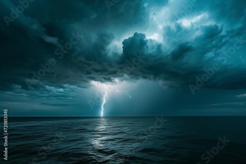Dramatic thunderstorm over open ocean with lightning