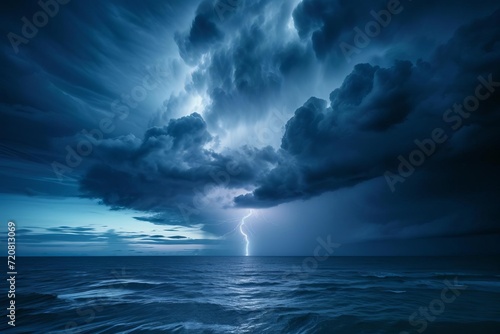 Dramatic thunderstorm over open ocean with lightning © Jelena