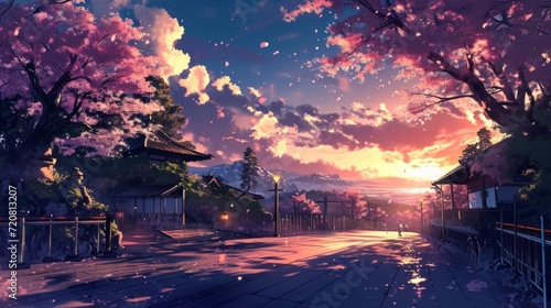 Twilight over a garden full of cherry blossoms  with manga-style clouds generative ai