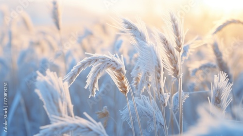 Close-up of the ears of grass in hoarfrost. Generative AI
