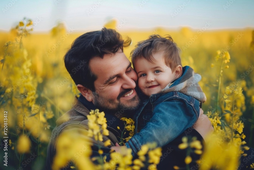 Happy father and son in yellow flower field Happy father and son in yellow flower field