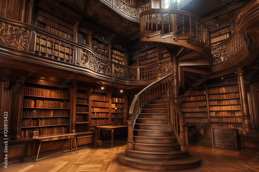 Grand library with spiral staircase and ancient tomes Grand library with spiral staircase and ancient tomes